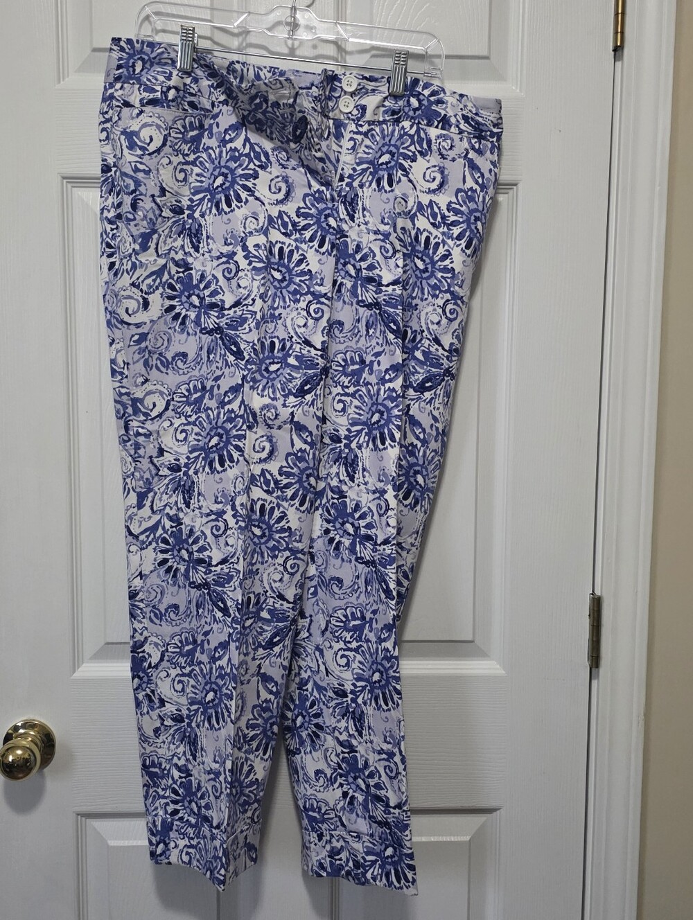 Lane Bryant White Ankle Pants with Blue Floral Print
